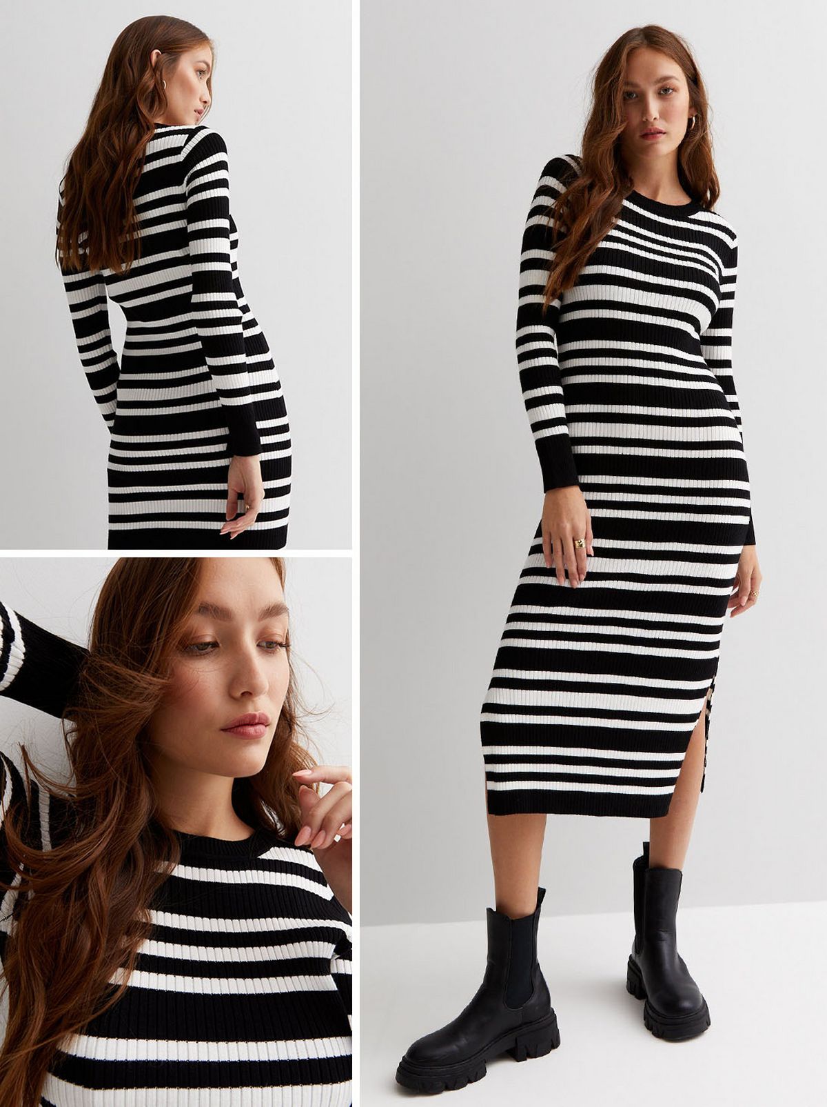 A model stands looking at the camera in front of a white background, wearing a black and white striped knitted long sleeve midi dress and a pair of black ankle boots