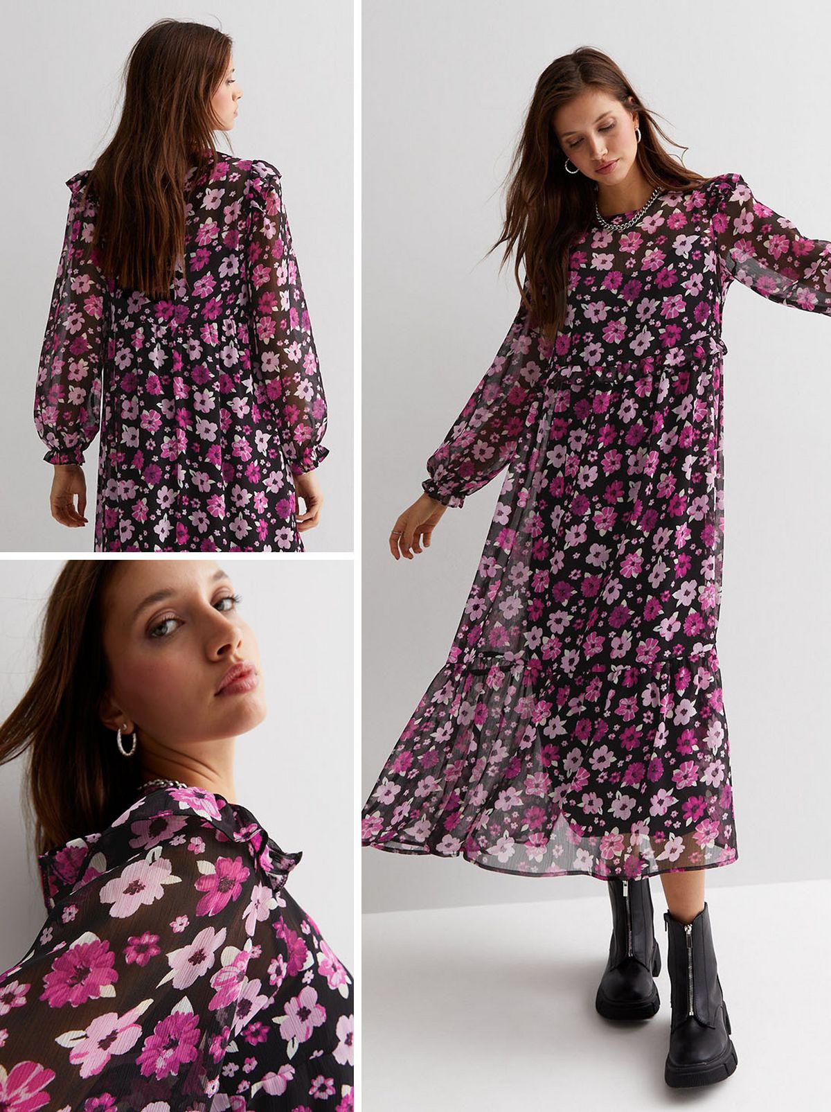 A model stands looking down away from the camera in front of a white background, wearing a black floral crew neck long sleeve midi smock dress and a pair of black ankle boots