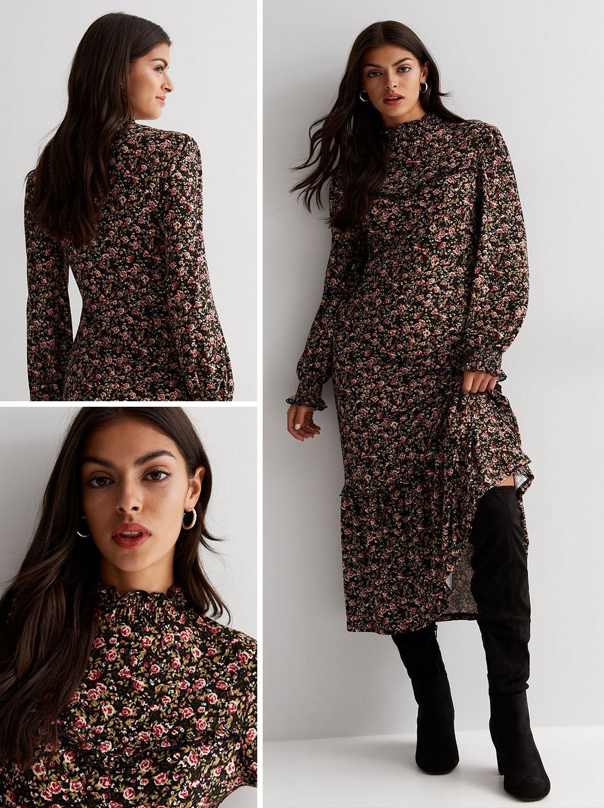 A model stands looking at the camera in front of a white background, wearing a black floral high neck midi dress and a pair of black knee high boots