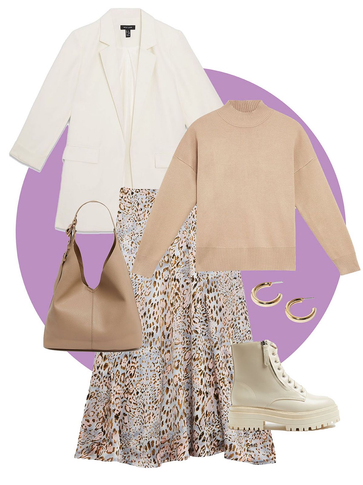 Caramel ribbed high neck hem jumper  Pink leopard print satin maxi skirt  Off white zip lace up chunky boots  Off white zip lace up chunky boots  Gold plated single chunky hoop earrings