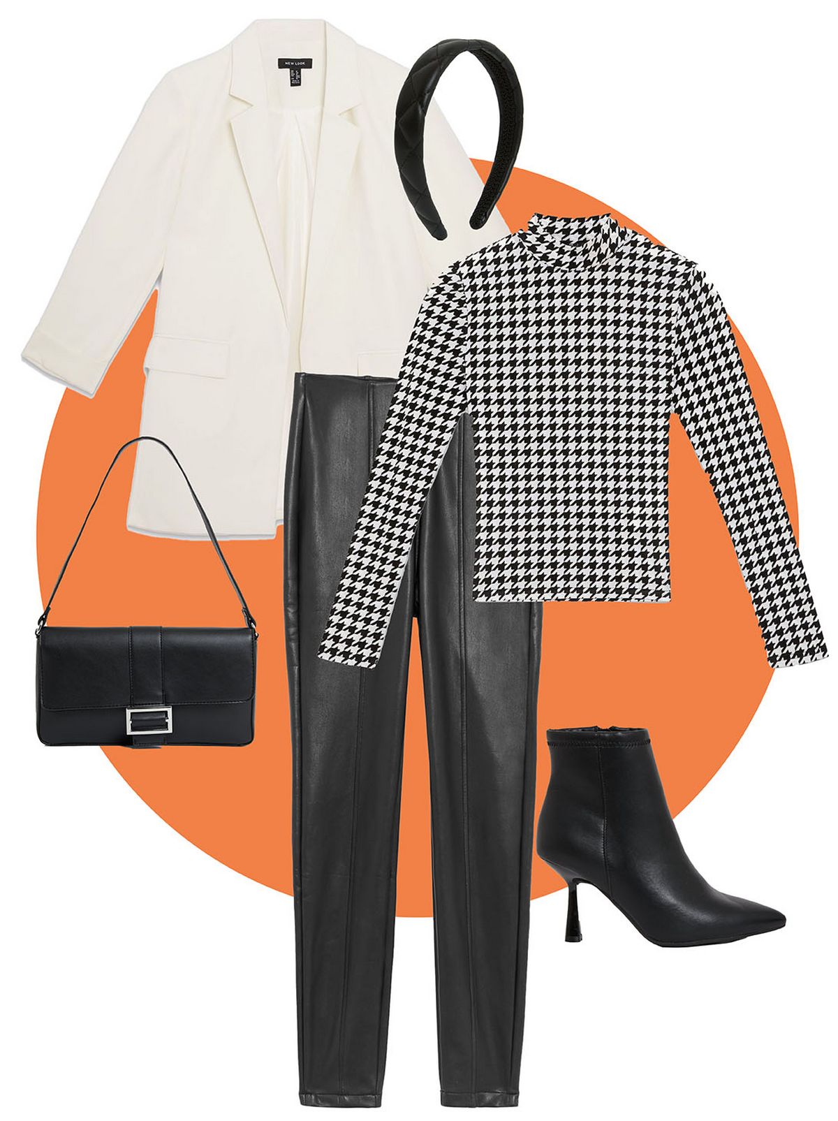 Cream pocket oversized blazer  White flocked dogtooth mesh high neck top  Faux leather high waist zip leggings  Black pointed stiletto heel sock boots  Black faux leather baguette shoulder bag  Black leather look headband