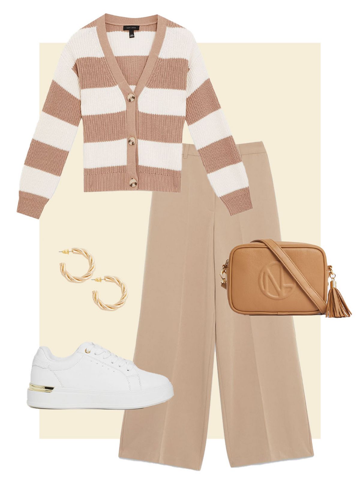 Gold twisted hoop earrings, stripped cardigan, camel leather looks cross body bag, camel wide leg tailored trousers and white chunky lace up trainers