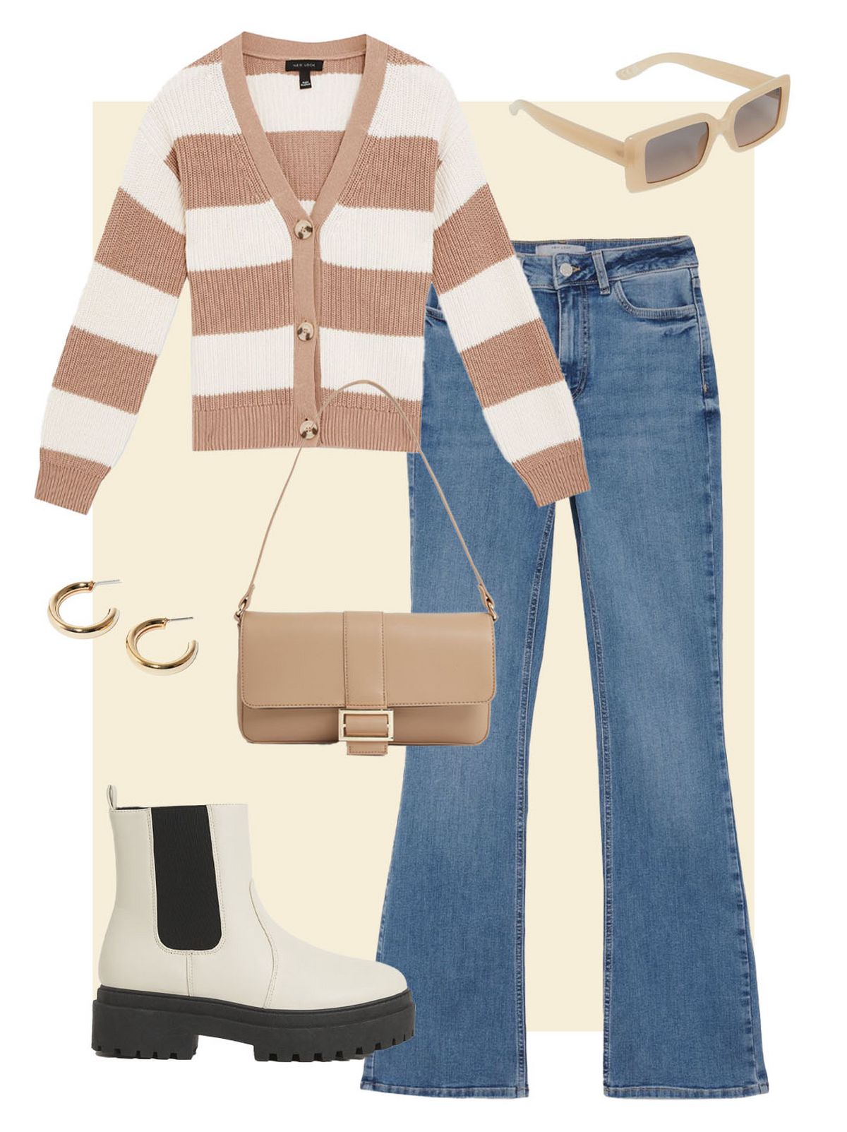 Cream rectangle sunglasses ,gold plated chunky hoop earrings, camel faux leather baguette shoulder bag, blue bootcut jeans and off white high ankle chunky Chelsea boots