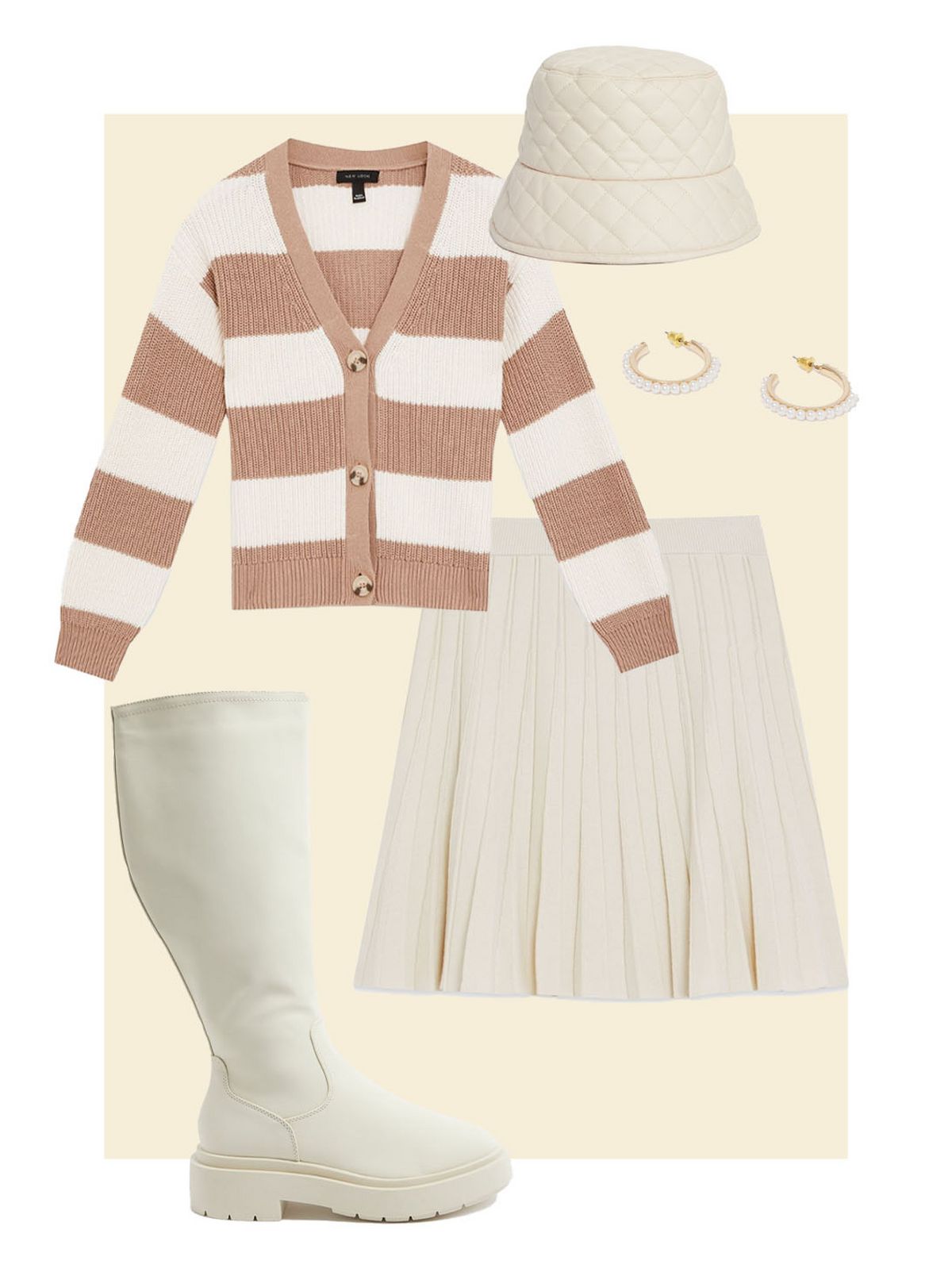 Gold faux pearl hoop earrings, cream quilted leather look bucket hat, stripped cardigan, cream check cross body bag, cream knit pleated mini skirt and white scuba knee high chunky boots