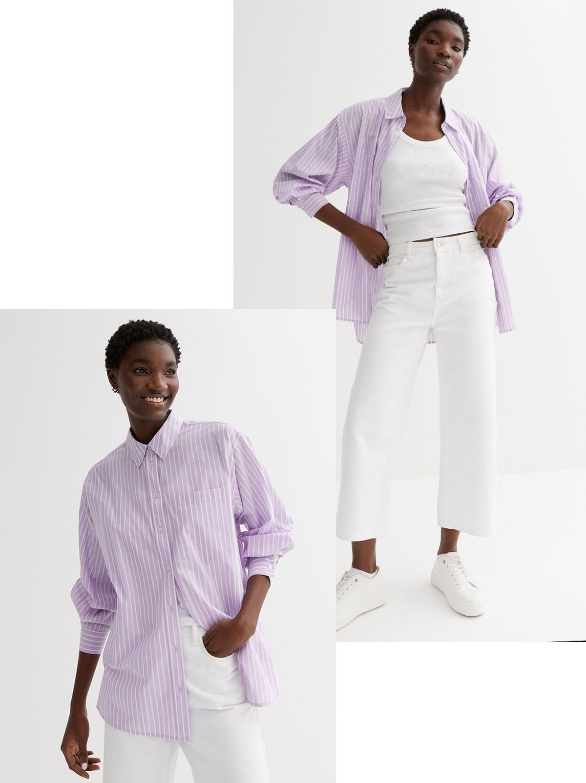 A model stands in front of a white background smiling and looking away from the camera while wearing a purple striped collared long sleeve shirt and a pair of white trousers