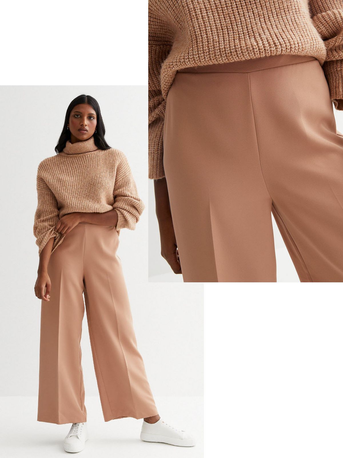 A model stands in front of a white background looking directly at the camera while wearing a beige roll neck jumper and a pair of camel high waisted wide leg trousers