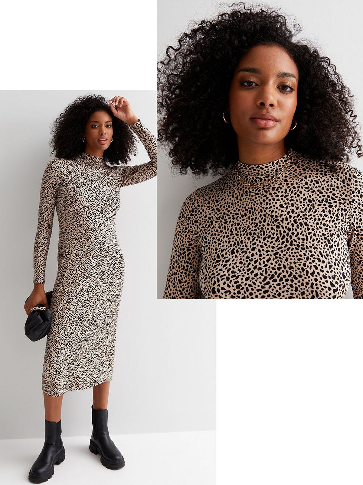 A model stands in front of a white background touching their hair looking directly at the camera while wearing an off white leopard print high neck long sleeve midi dress and a pair of black ankle boots