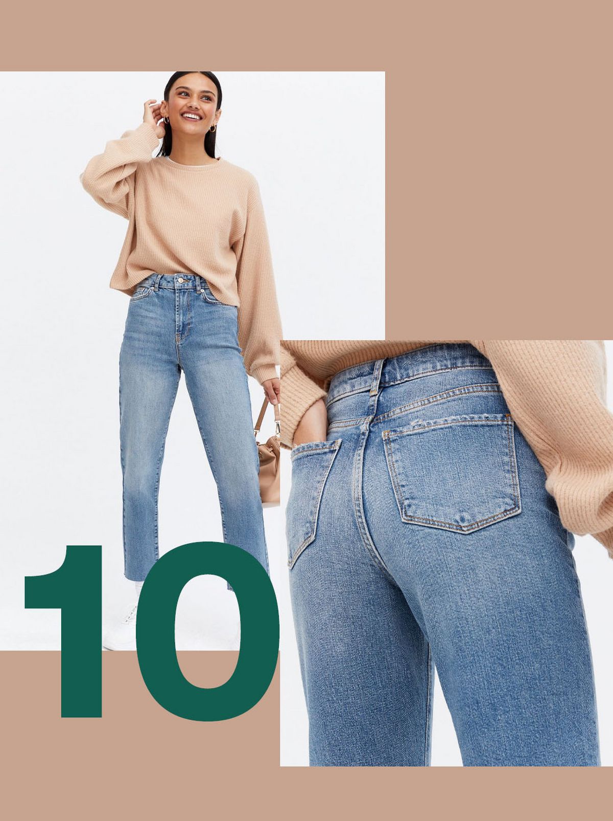 Woman wearing blue ankle grazing straight leg jeans