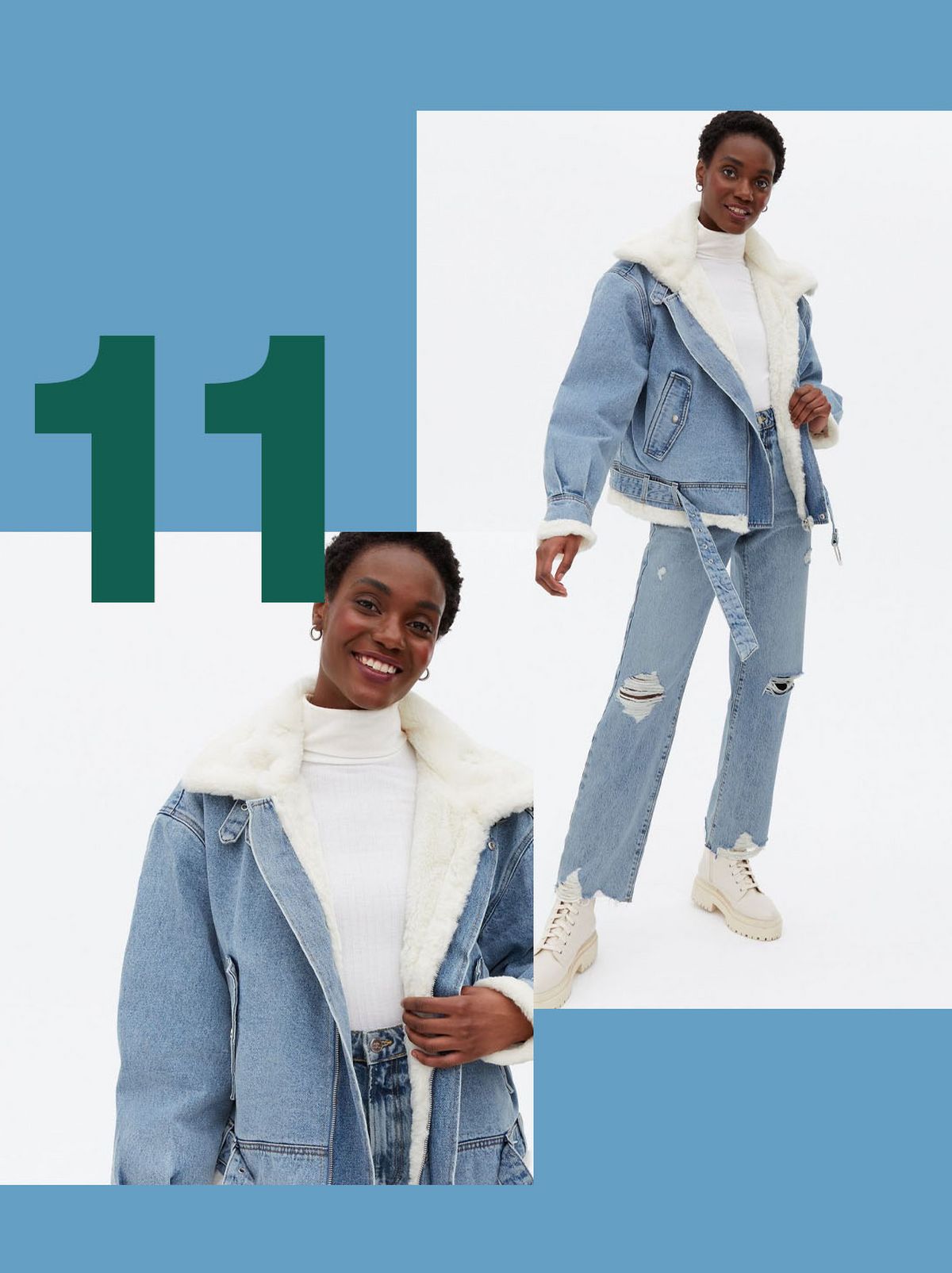 Woman wearing blue denim faux fur lined aviator jacket 