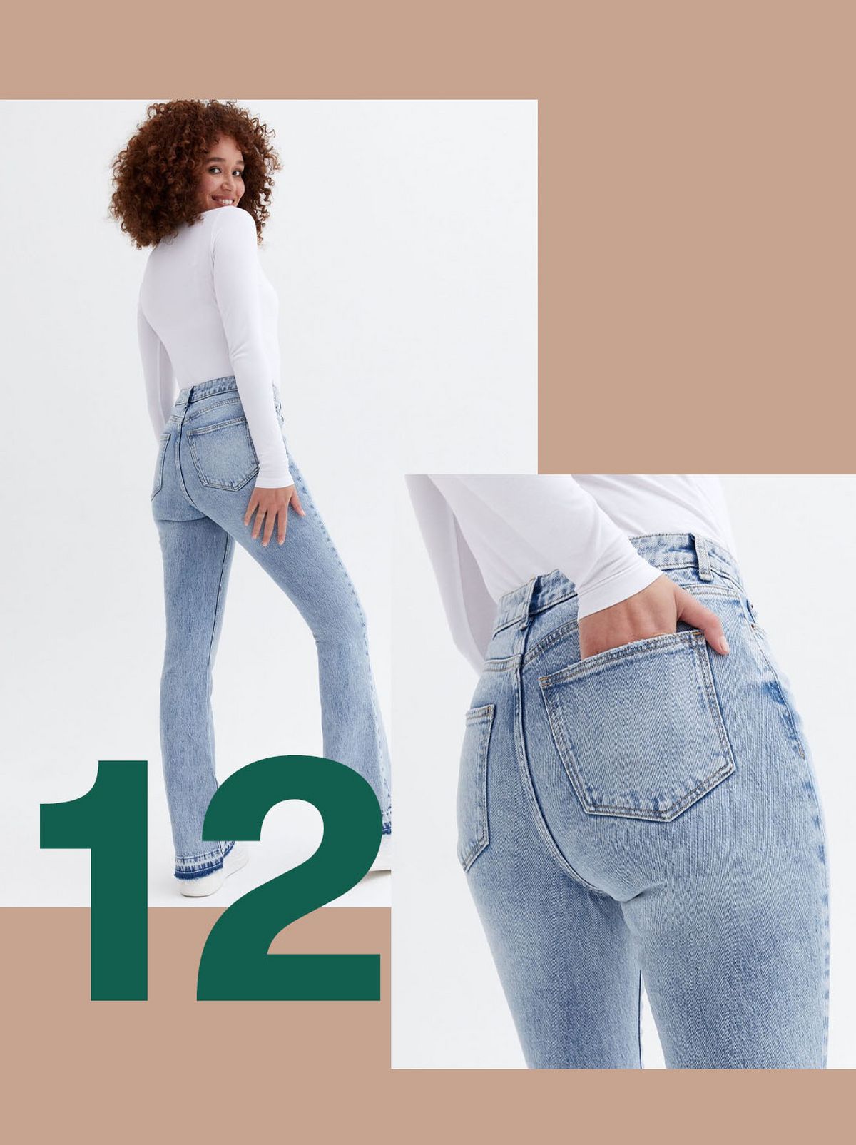 Woman wearing mid rise flared brooke jeans