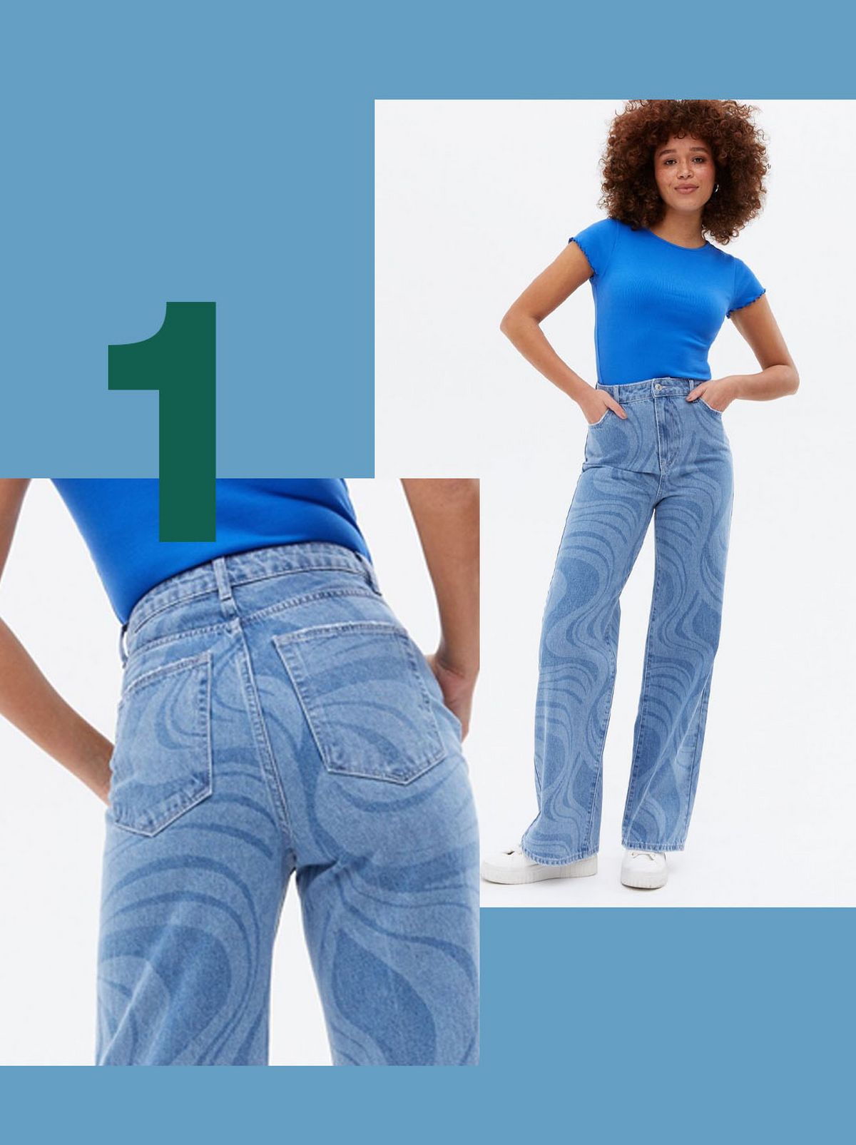 Woman wearing a blue marble wide leg jeans