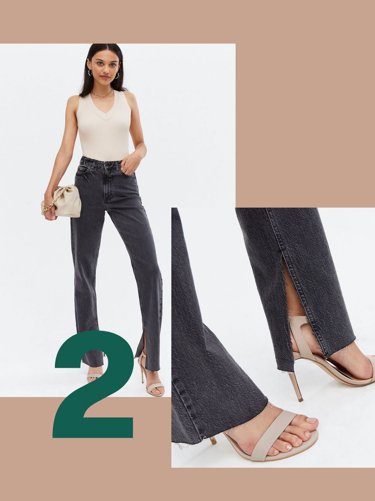 Woman wearing a black long split straight leg jeans 