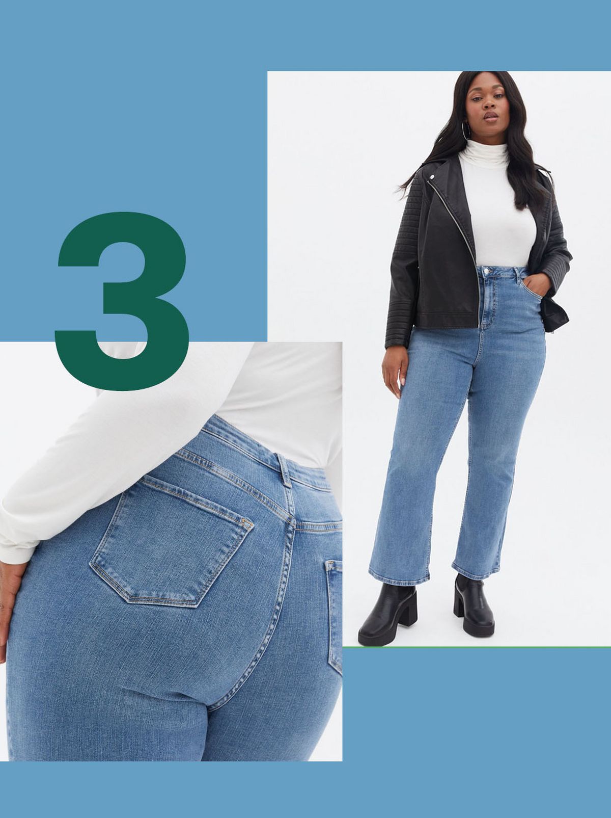 Woman wearing bright blue high waist flared brooke jeans