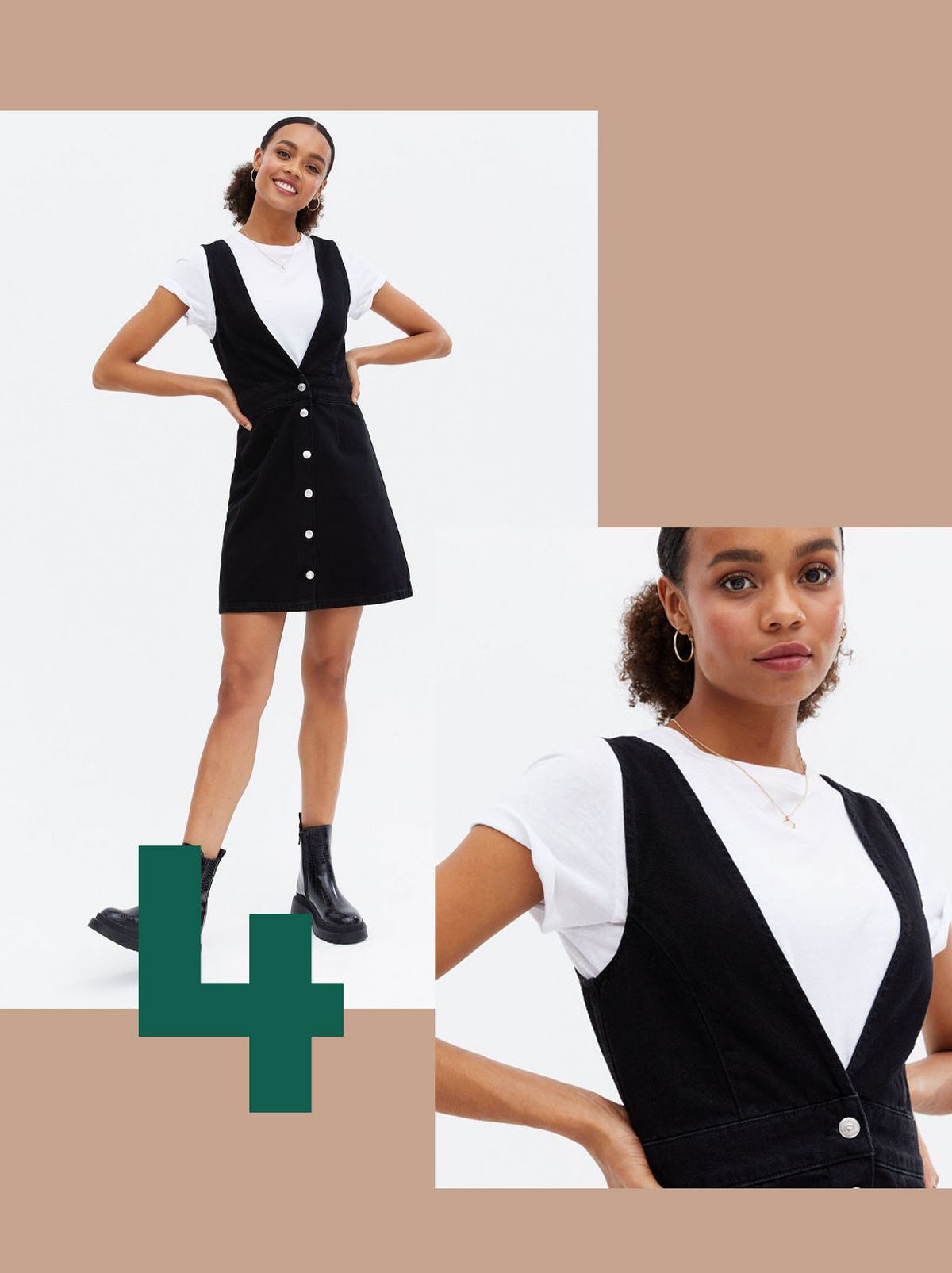 Woman wearing a black denim button pinafore dress