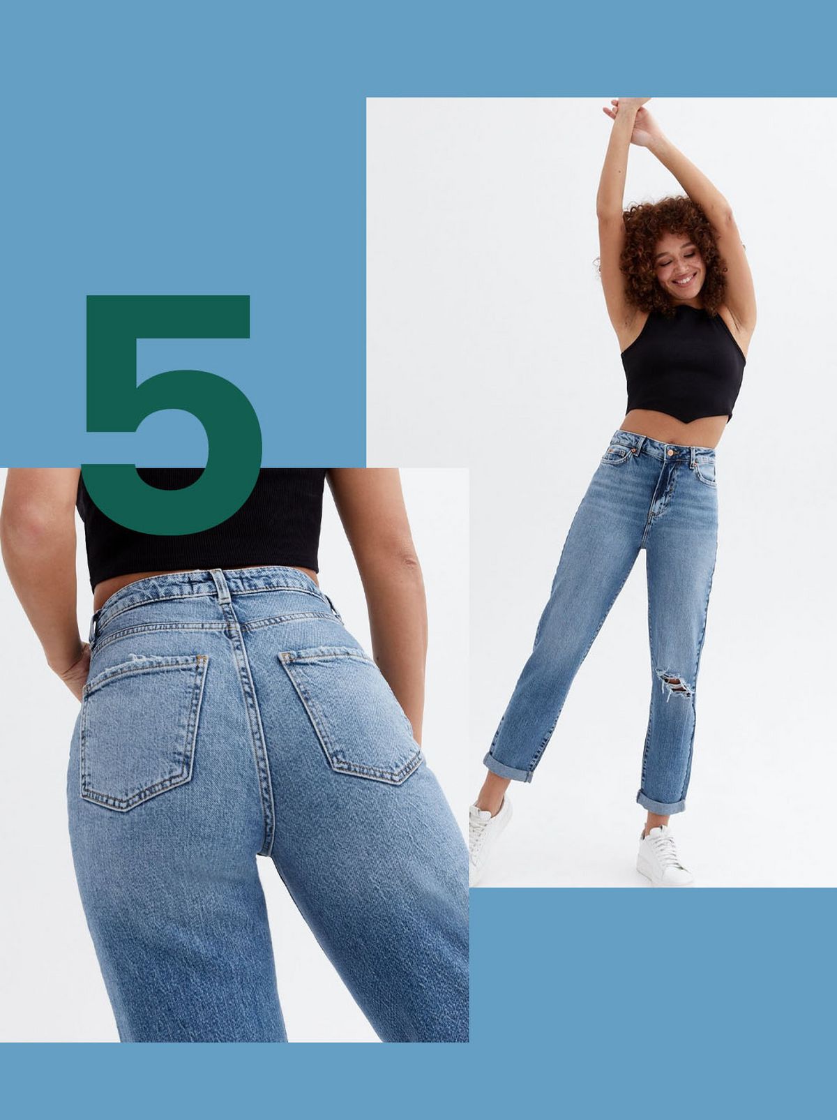 Woman wearing blue ripped knee high waist tori mom jeans