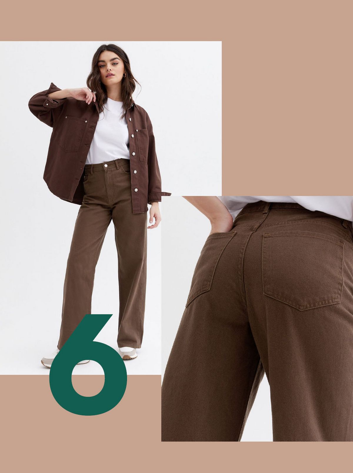 Woman wearing dark brown high waist wide leg jeans