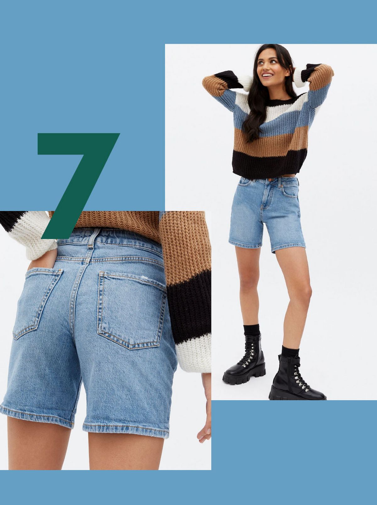Woman wearing blue denim light wash boyfriend shorts