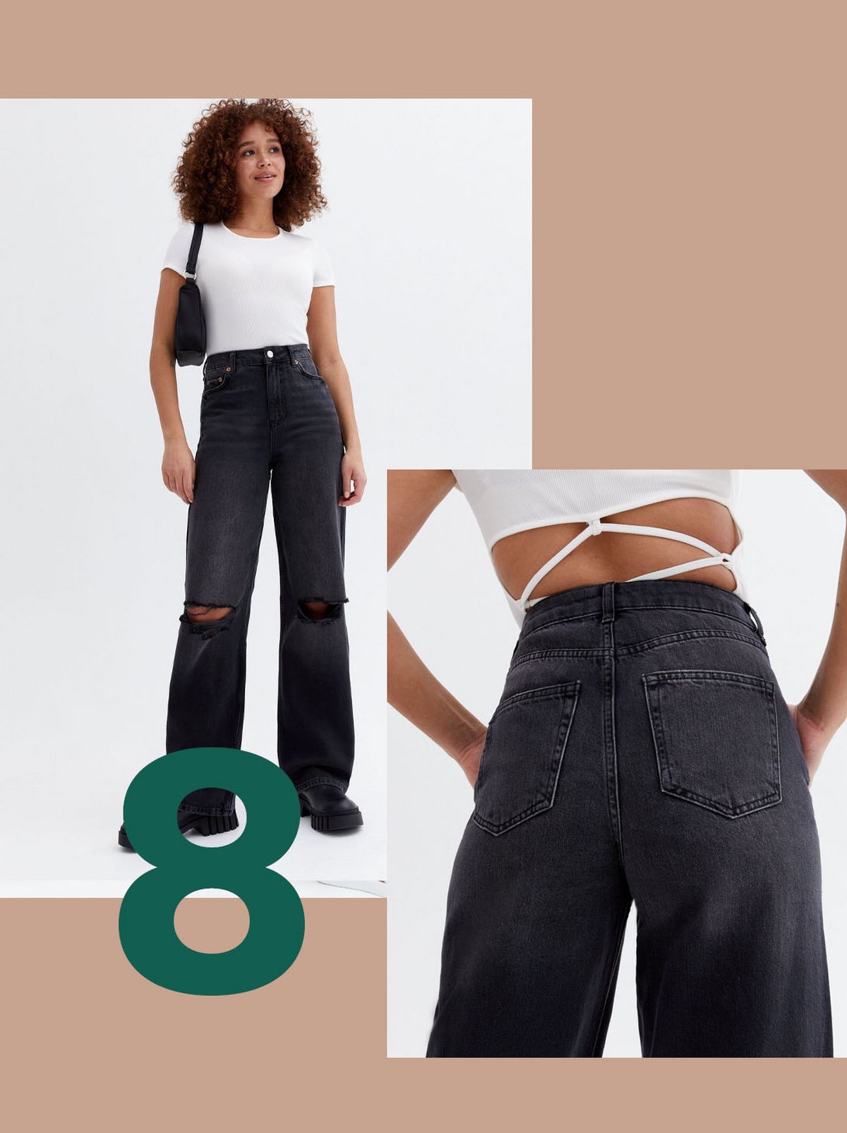Woman wearing black knee high waist Sinead baggy fit jeans