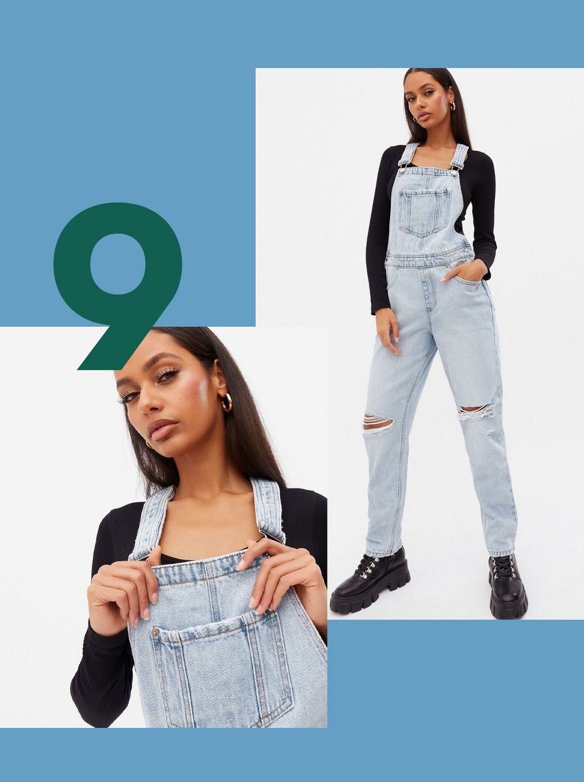 Woman wearing blue ripped knee high fit dungarees