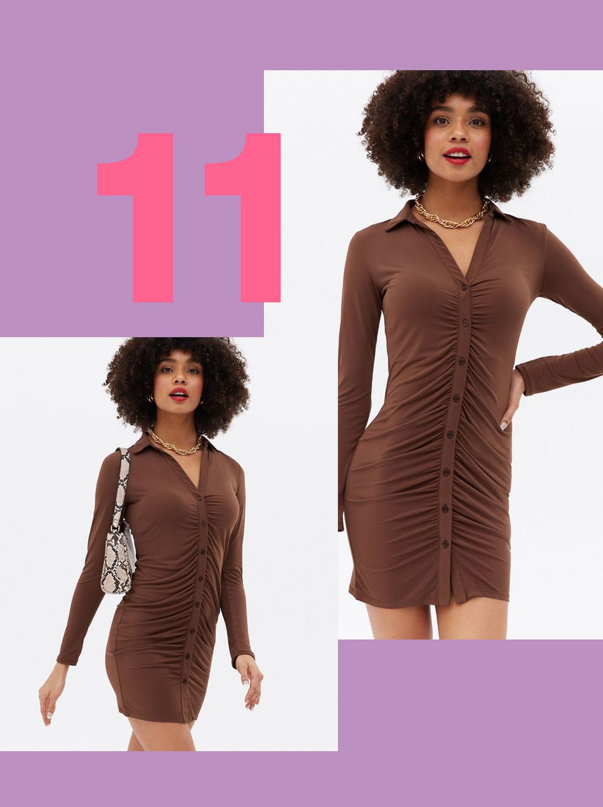 Women's Brown Ruched Collared Mini Bodycon Dress