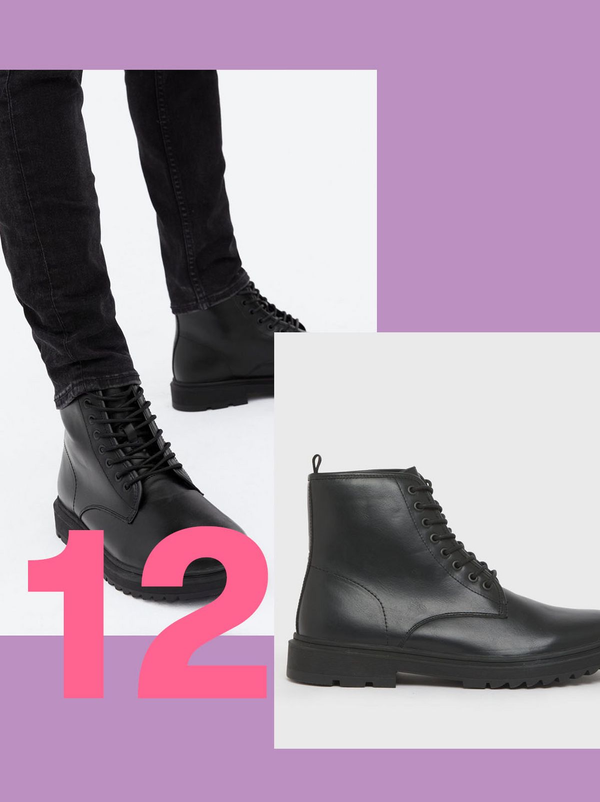 Men's Black Leather-Look Chunky Lace Up Ankle Boots