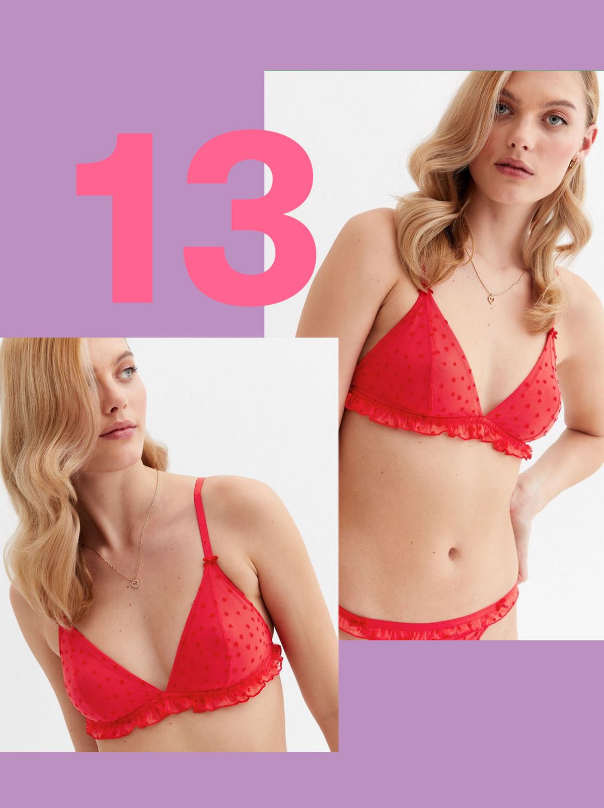 Women's Red Flocked Heart Frill Bralette