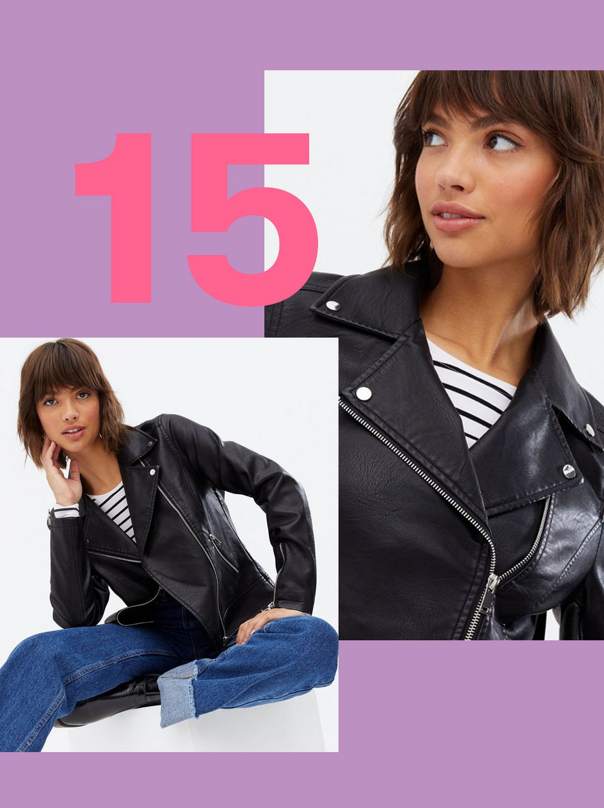 Women's Black Leather-Look Zip Biker Jacket
