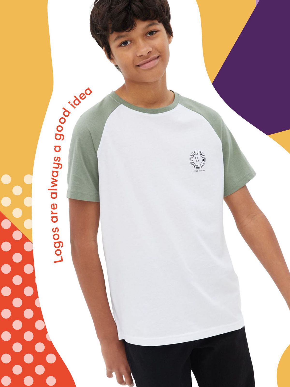 Boy wearing a light green miami logo raglan sleeve t shirt	