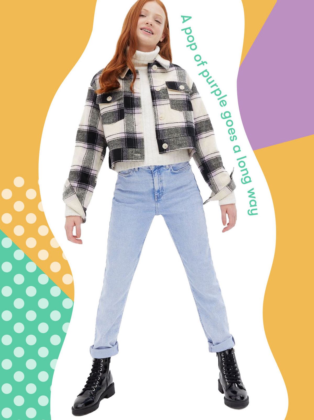 Girls Purple Check Crop Shacket	