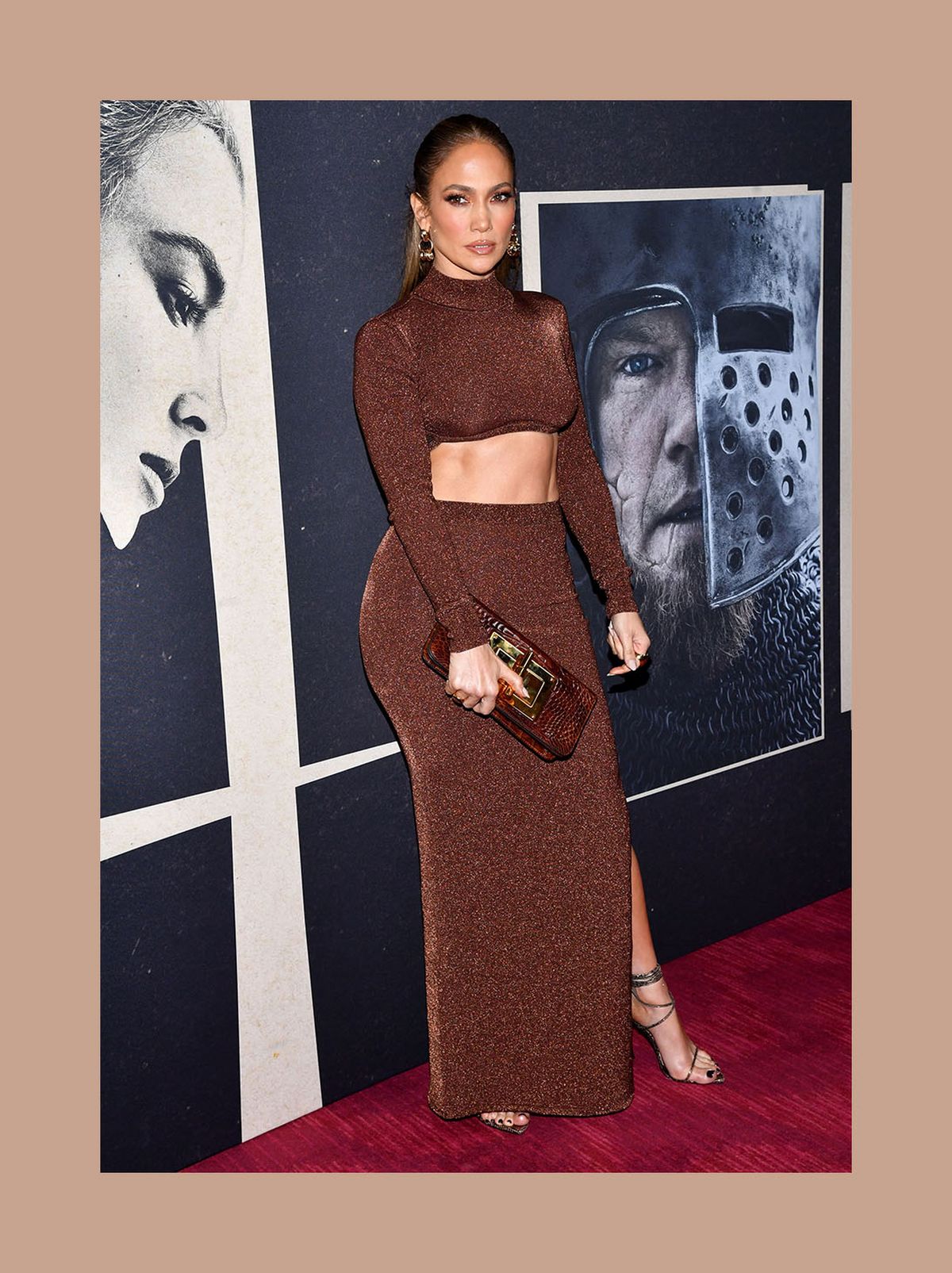Jennifer Lopez wearing a brown co-ord crop top and split skirt set