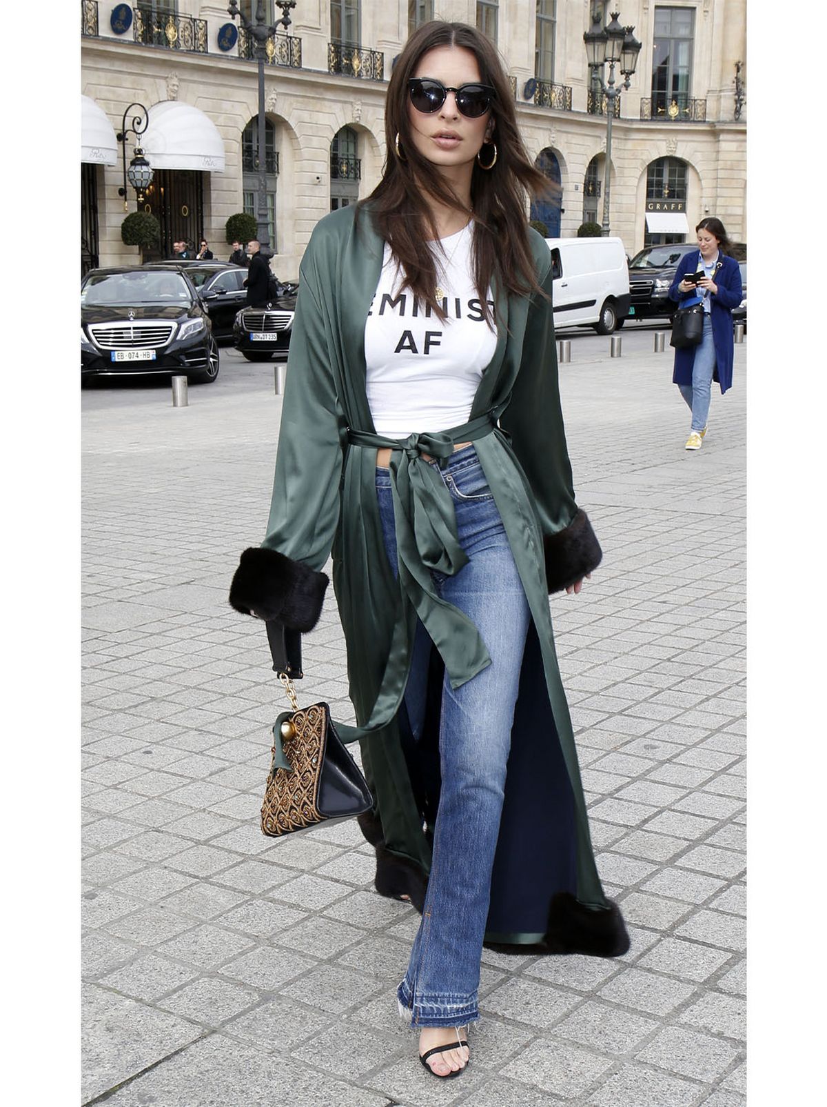 Emily Ratajkowski wearing flare jeans