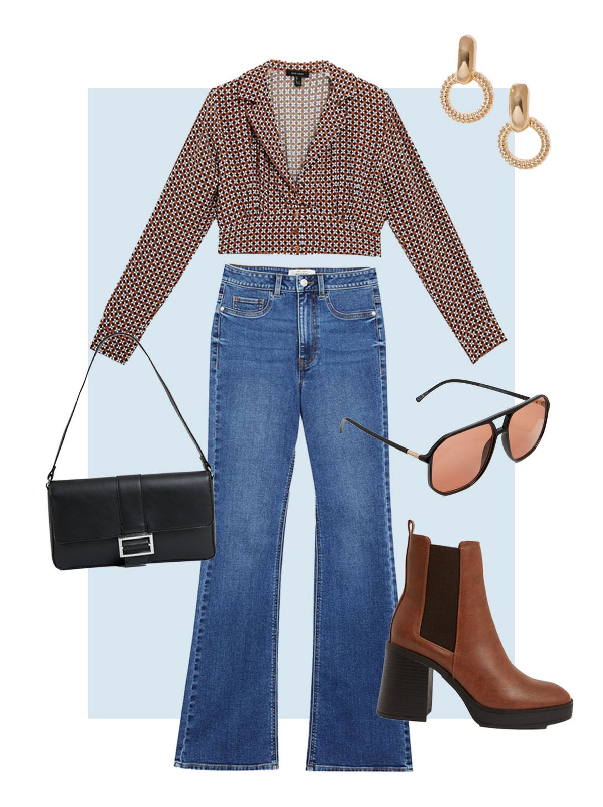 Gold textured circle drop earrings  Black pilot frame sunglasses  Brown floral revere collar crop shirt  Blue waist enhance quinn bootcut jeans  Tan chunky block heel high ankle chelsea boots  Black leather look baguette shoulder bag
