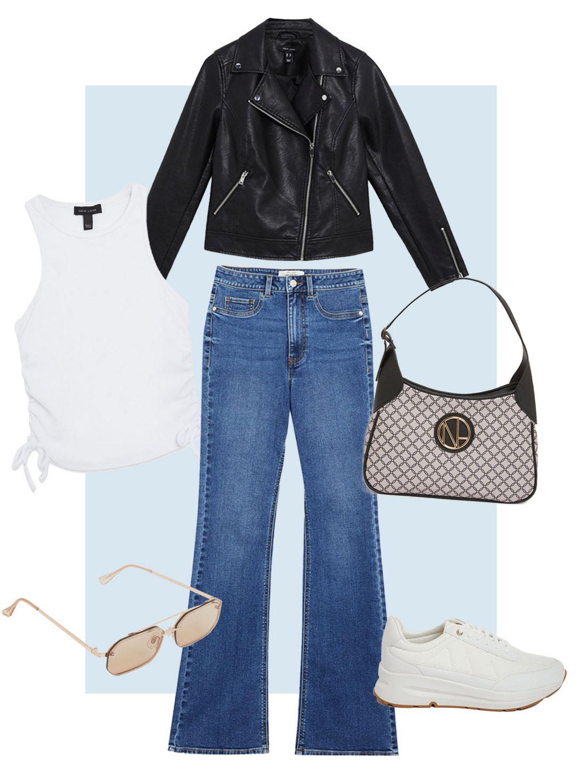 Gold top bar rimless rectangle sunglasses  Stone logo embellished shoulder bag  Black leather look zip biker jacket  White ruched side racer back vest  Blue waist enhance quinn bootcut jeans  White quilted faux croc trim chunky trainers