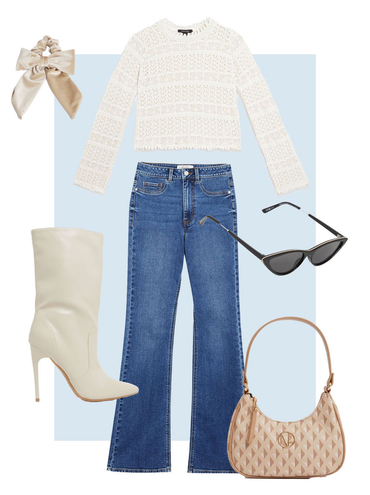 Cream velvet bow scrunchie  Cream embellished logo shoulder bag  Little mistress black metal trim cat eye sunglasses  Cream crochet knit crop jumper  Blue waist enhance quinn bootcut jeans  Off white pointed stiletto heel calf boots