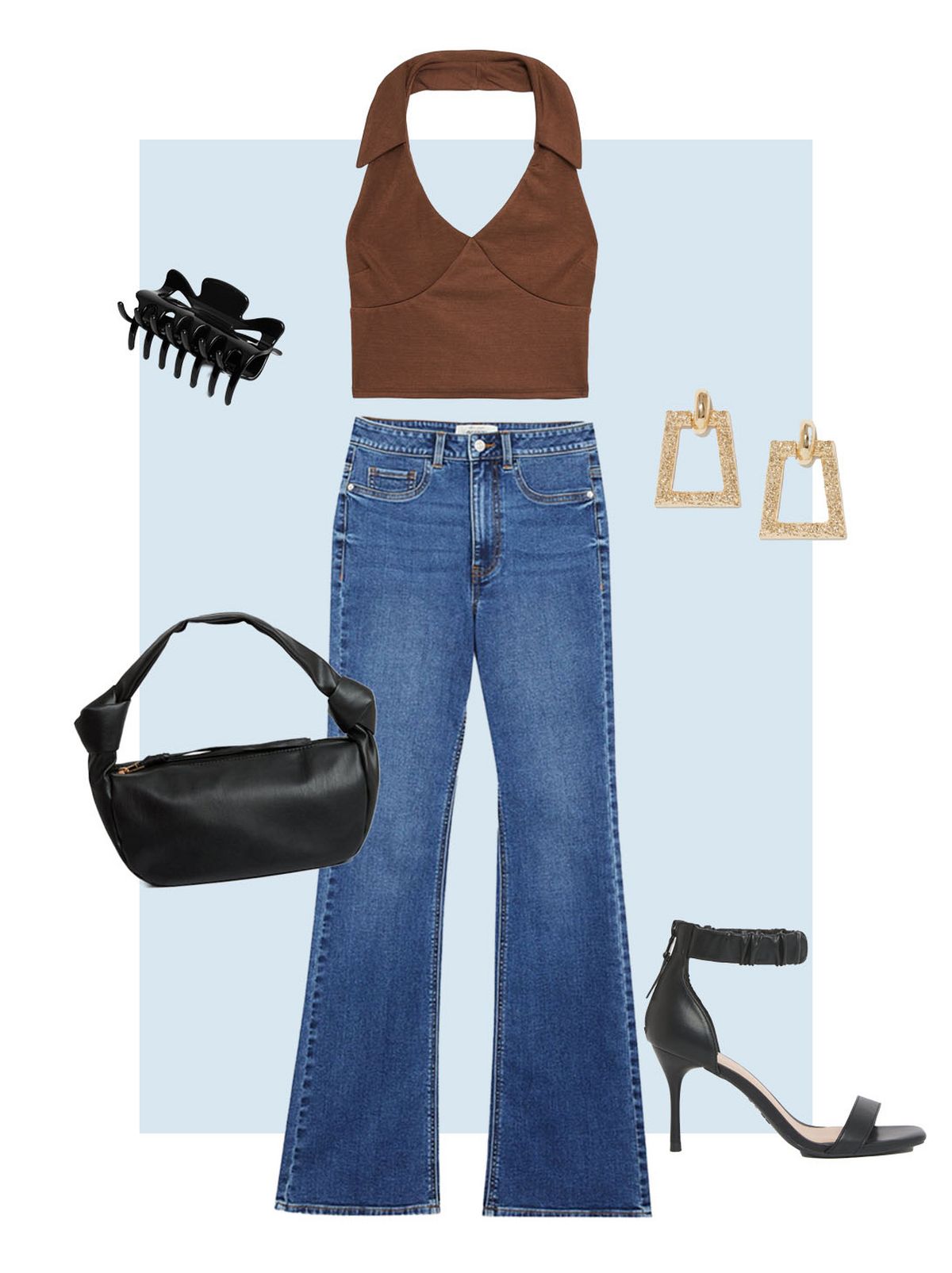 Rust collared halter neck crop top  Blue waist enhance quinn bootcut jeans  Black leather look ruched stiletto heel sandals  Black leather look knot shoulder bag  Gold textured door knocker earrings  Black bulldog claw hair clip