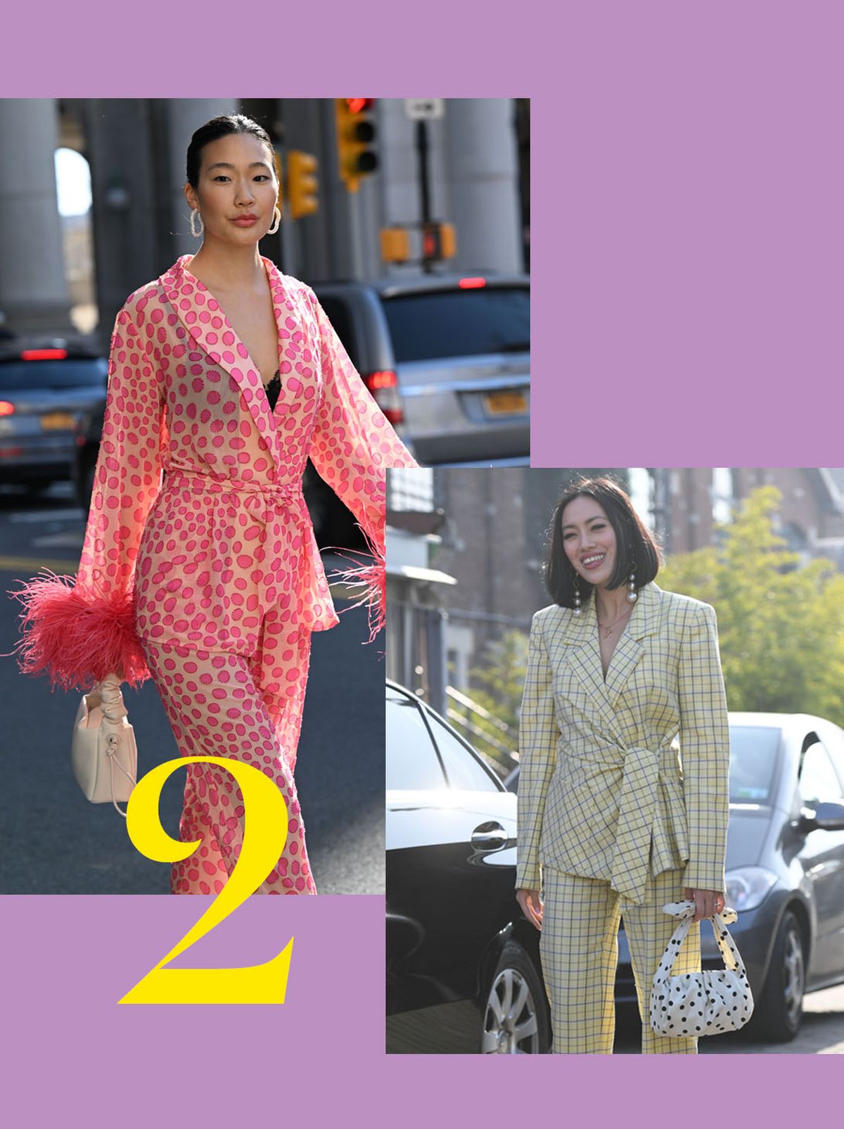 Woman wearing a co-ord pink dot suit  Woman wearing a yellow and white suit