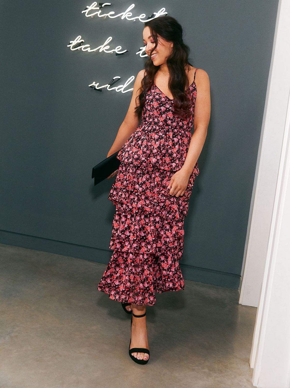 Woman wearing a floral prom dress