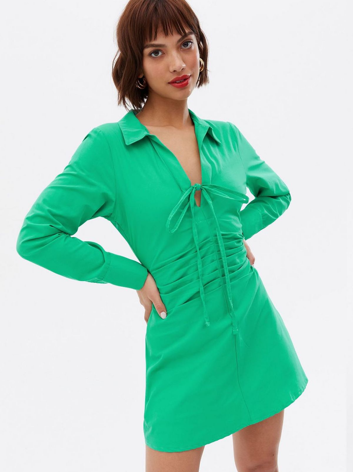 Women's Green Ruched Tie Front Mini Shirt Dress
