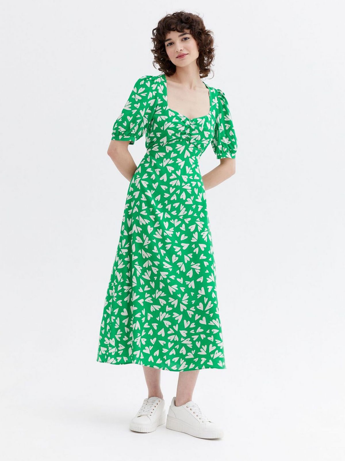 Women's Green Heart Tie Back Ruched Midi Dress