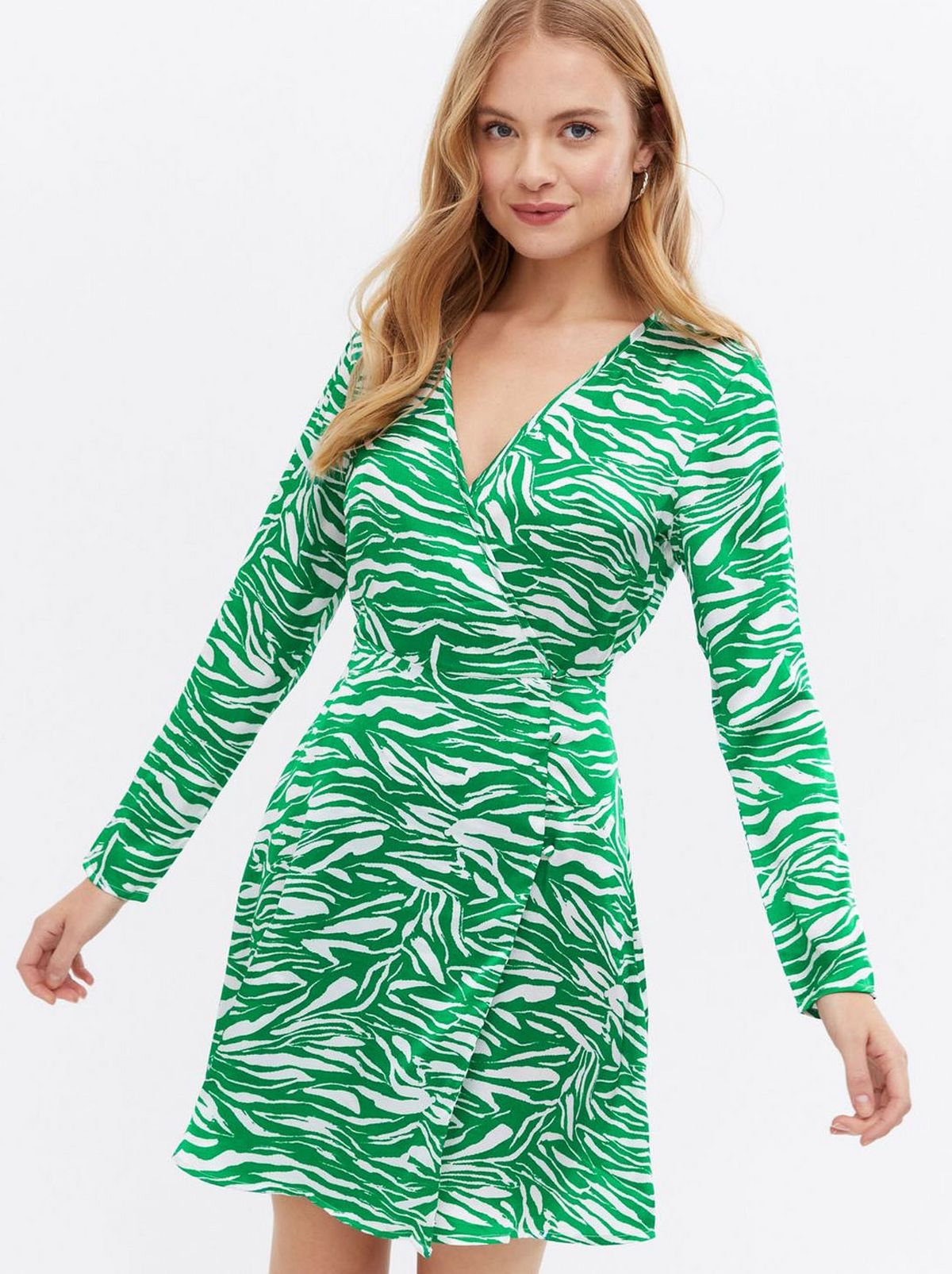 Women's Green Zebra Print V Neck Mini Wrap Dress