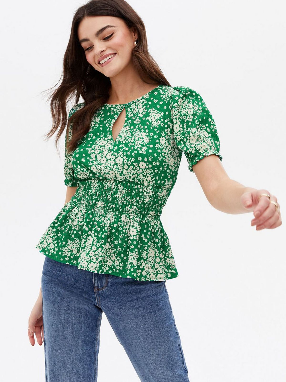 Women's Green Floral Shirred Peplum Blouse