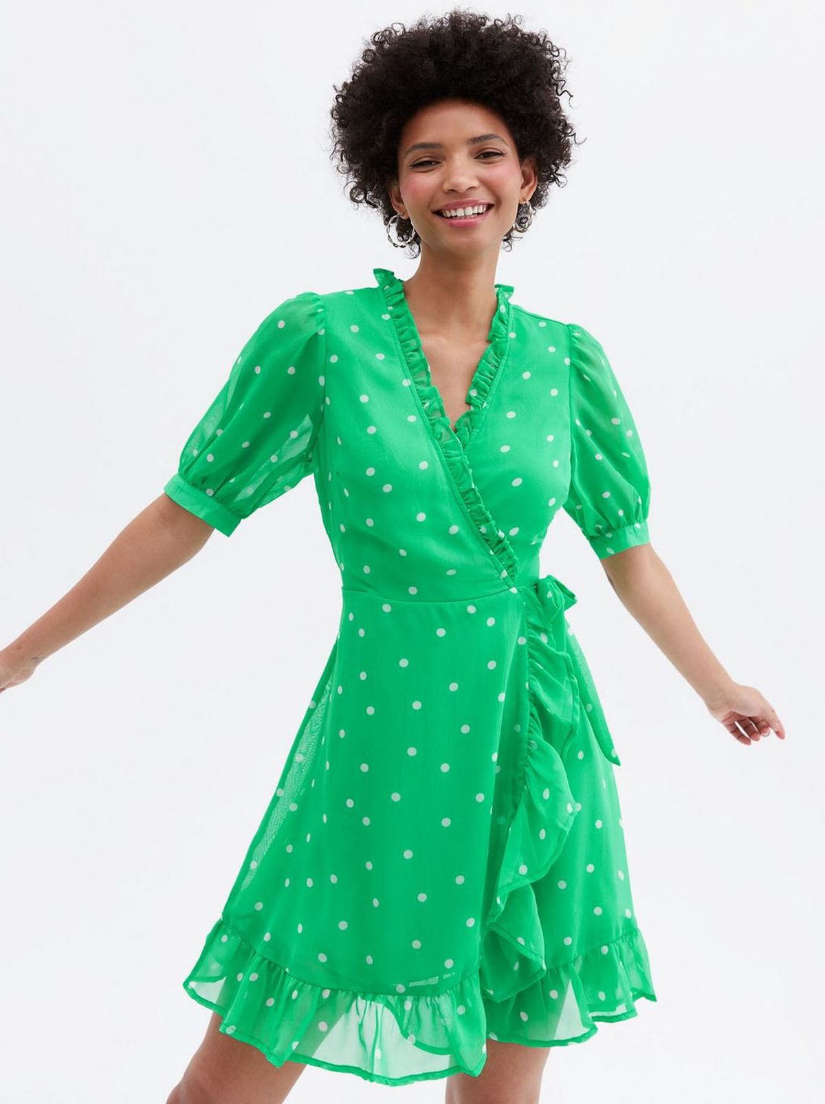 Women's Green Spot Chiffon Frill Mini Wrap Dress