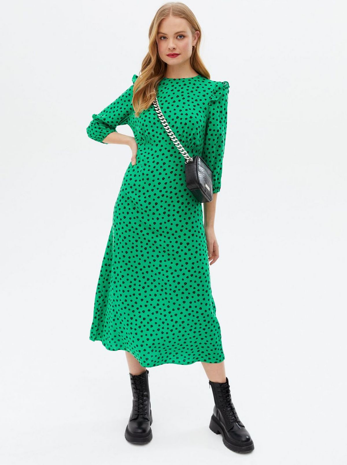 Women's Green Floral Crepe Frill Midi Dress