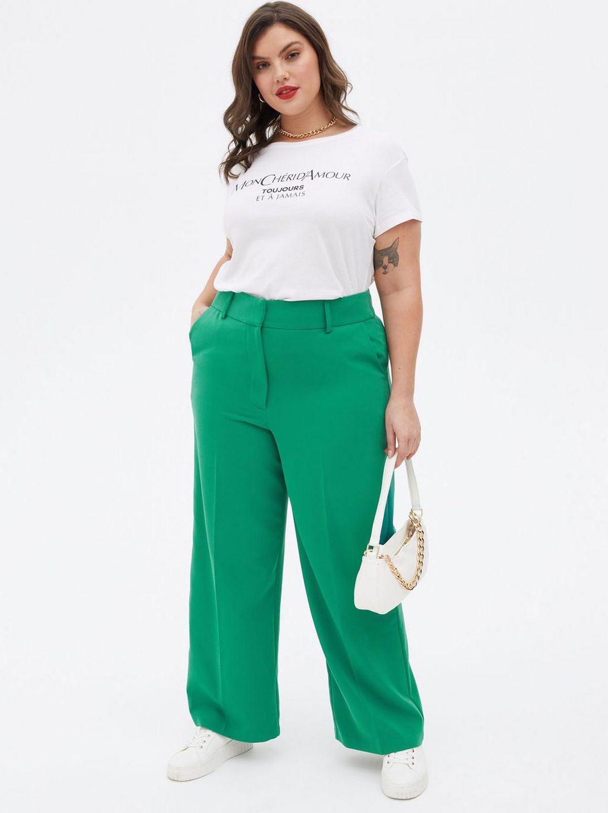 Women's Curves Green Tailored Wide Leg Trousers