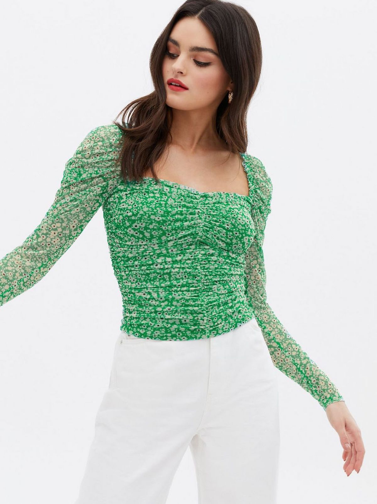 Women's Green Ditsy Floral Mesh Ruched Crop Top