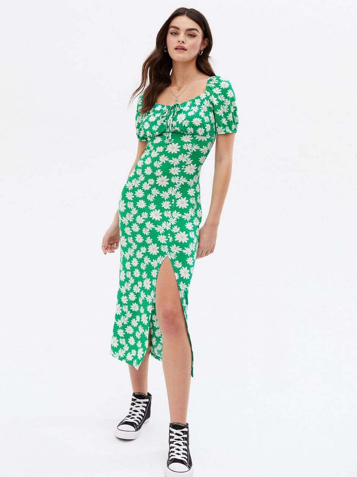 Women's Green Floral Sweetheart Split Midi Dress