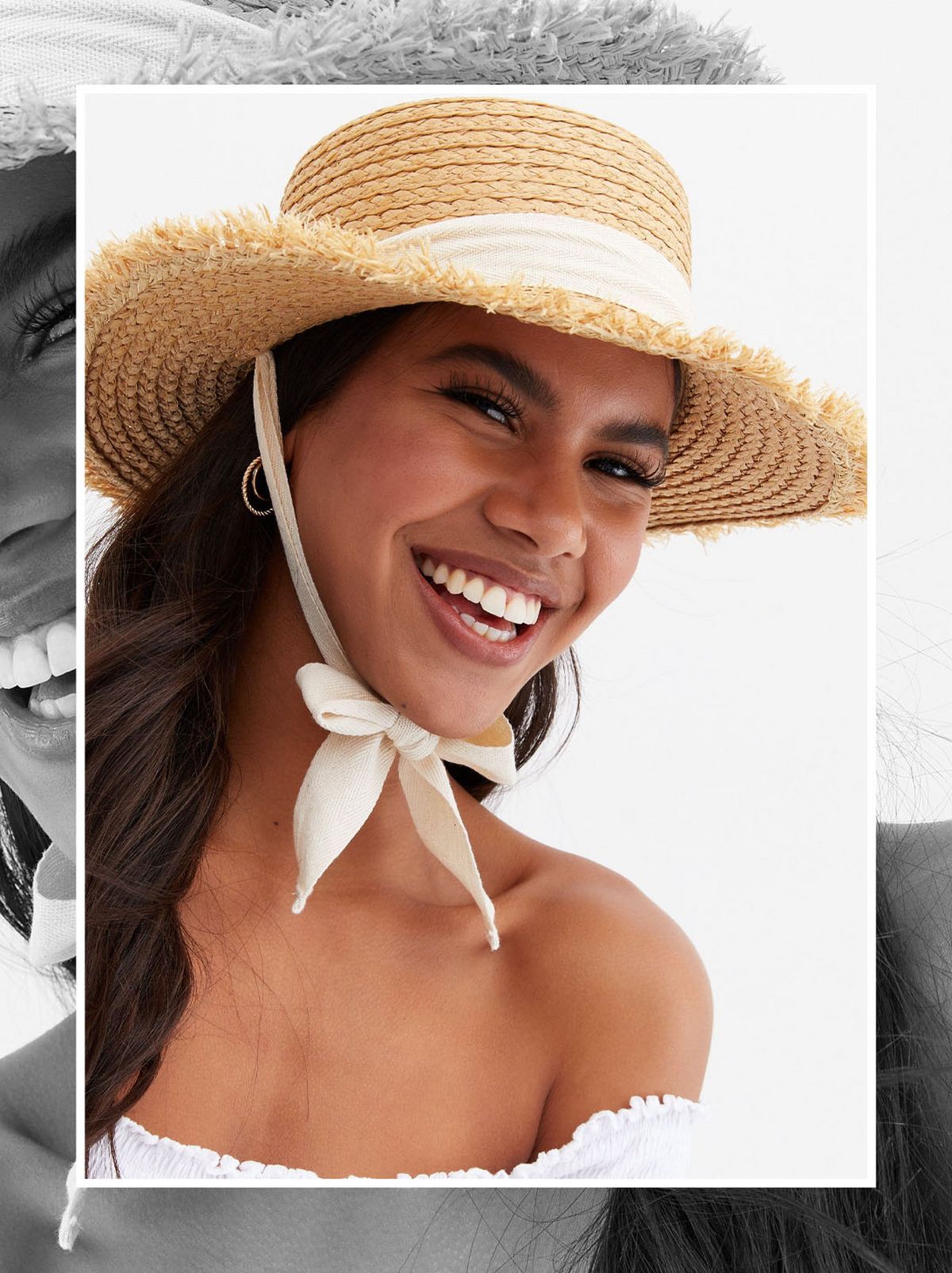Women's Tan Woven Straw Effect Tie Boater Hat