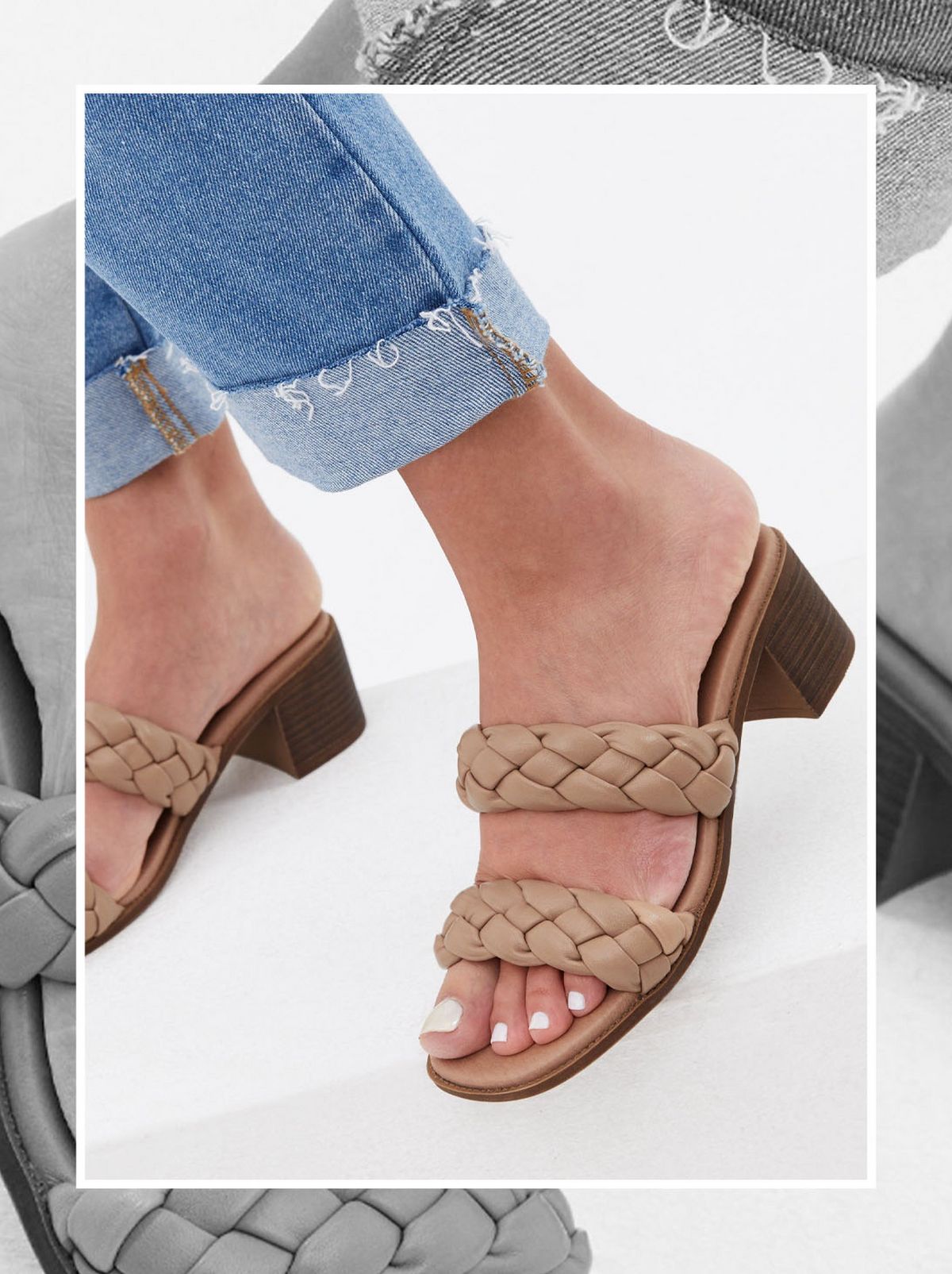 Women's Camel Plaited Double Strap Block Heel Mules
