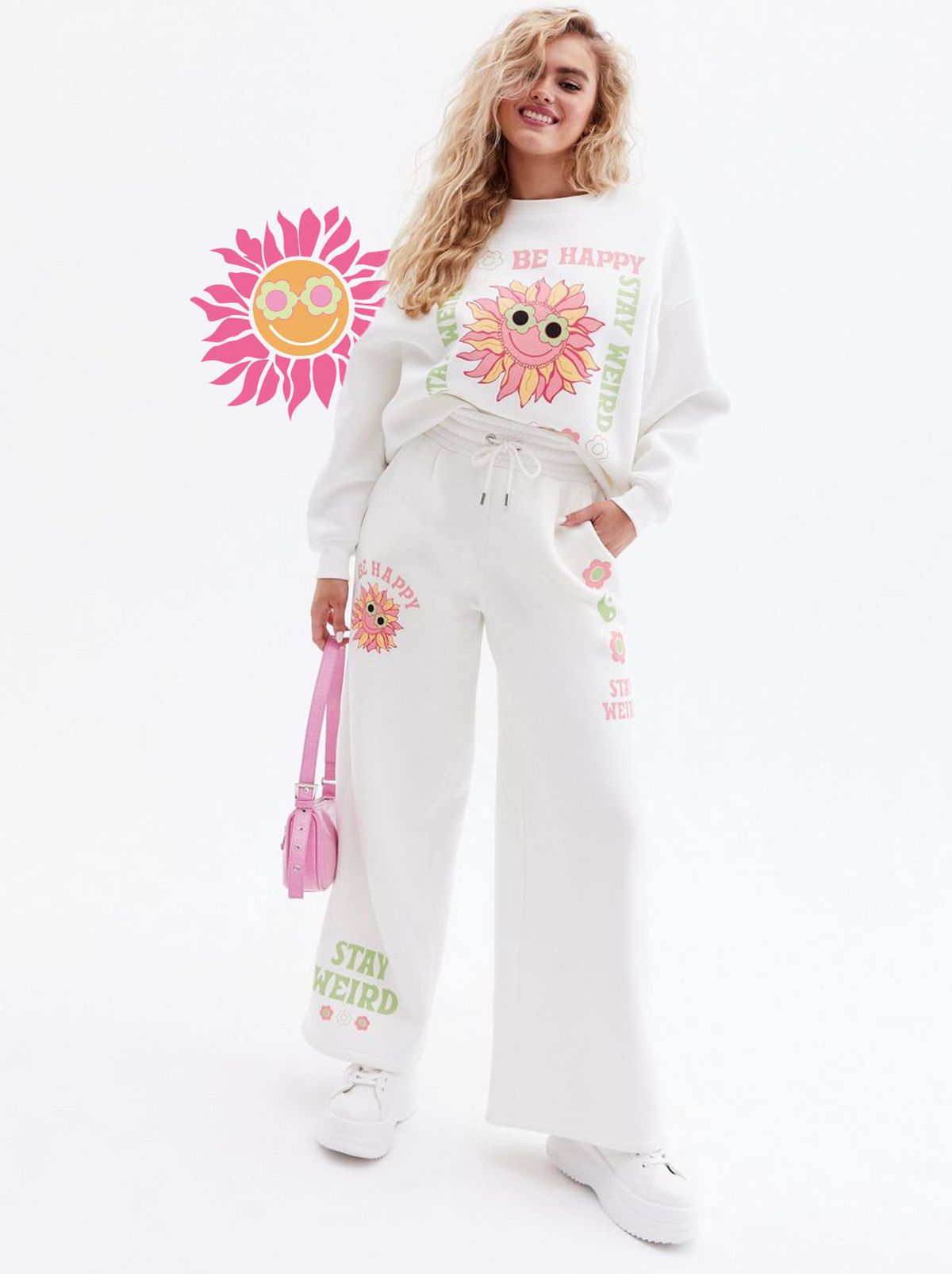 Woman wearing a white sunflower logo joggers