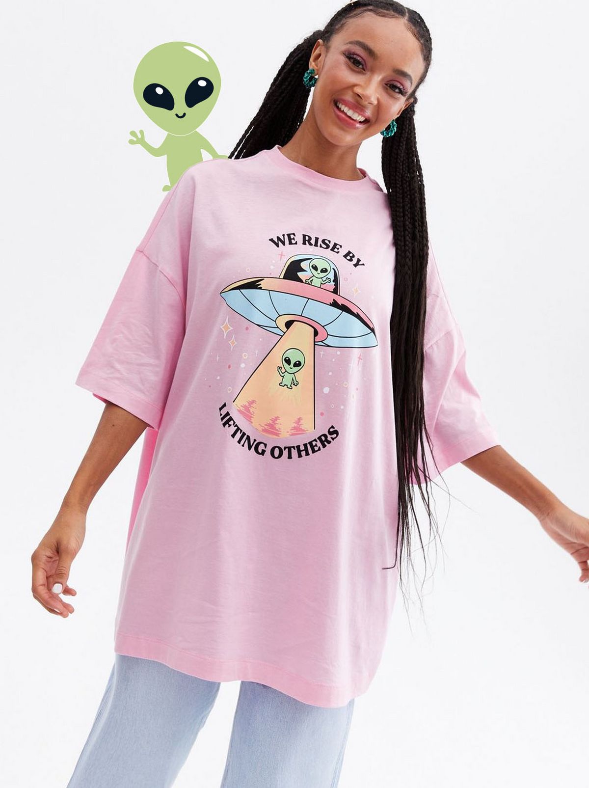 Woman wearing a pink spaceship logo t-shirt